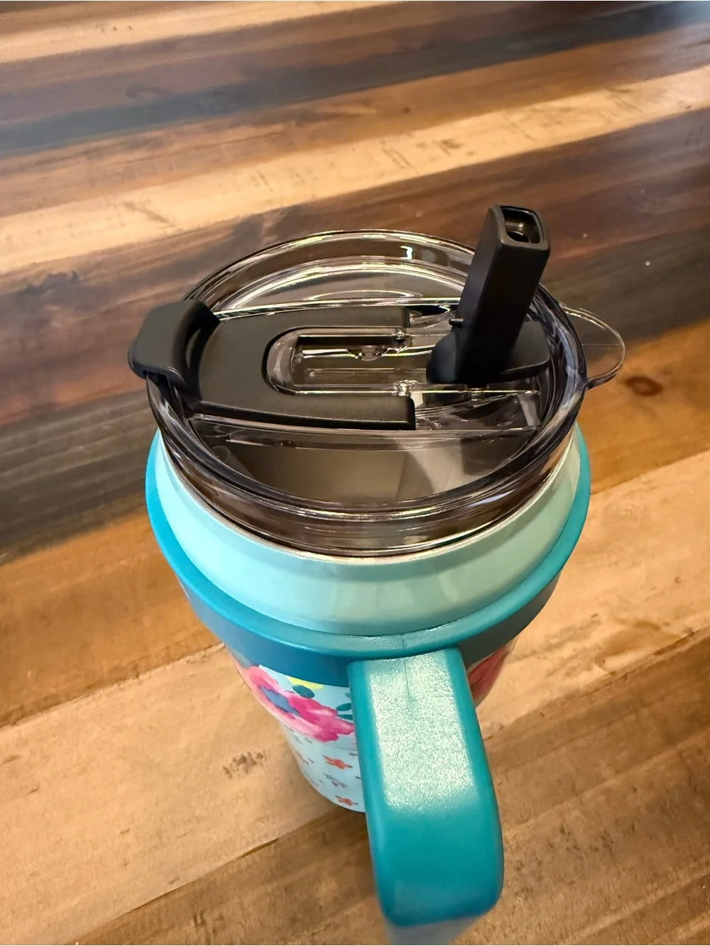 The Pioneer Woman Mint Floral Travel Mug with Teal Handle, 40oz